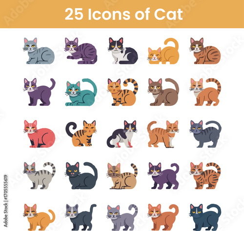 A set of 25 icons of cute cats