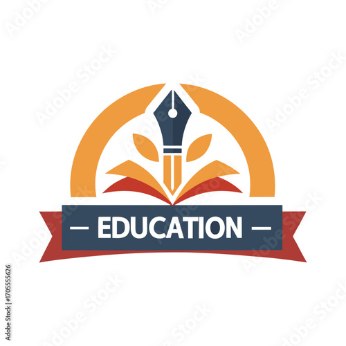 Educational Logo with Book, Pen Nib, and Laurel Elements