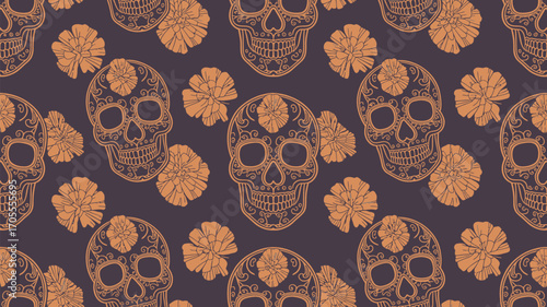 A repeating pattern of ornate skulls and flowers on a dark purple background with intricate details