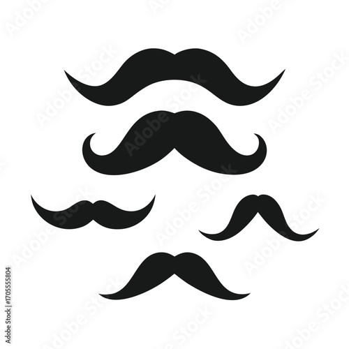 Five black mustache silhouettes in different styles and sizes arranged on a white background moustaches