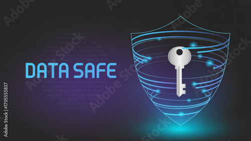 Data safe concept with key and shield on dark background, representing digital security and protection of sensitive information online