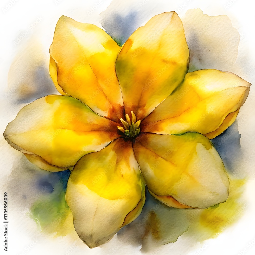 Fototapeta premium A single beautiful yellow magnolia flower. Tropical or spring floral design concept. A vibrant watercolor painting with a soft, artistic splash background.