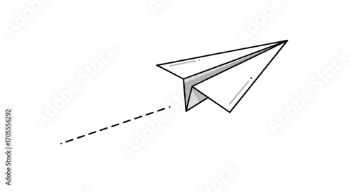 Paper airplane flying with dashed line trail.