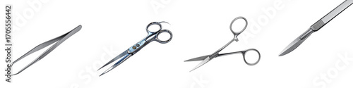 Surgical instruments tweezers scissors scalpel isolated on transparent background