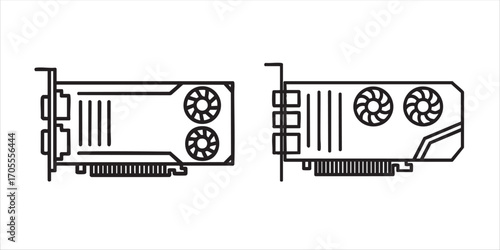 Minimal vector illustration of a GPU graphics card in black and white, perfect for gaming, rendering, and technology designs.
