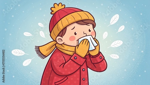 Child Sneezing in Winter Clothes Illustration