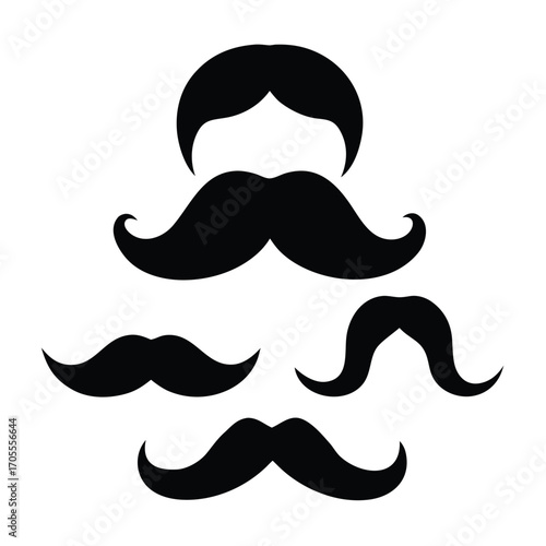 Group of Four Black Silhouette Mustaches and One Hairstyle on White background isolated