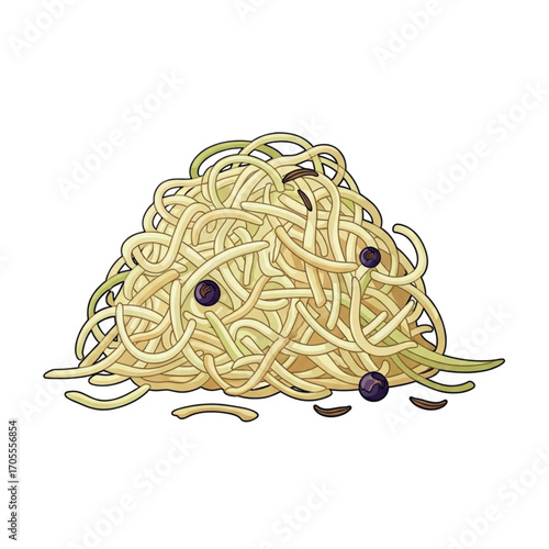 Pile of spaghetti with black olives illustration.