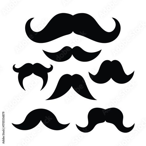 Seven Black Mustache Silhouettes in Diverse Styles on a White Background moustache facial hair