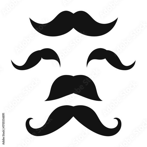 Several black silhouette mustaches of varying sizes and styles on a white background moustache
