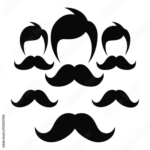 Six black mustache silhouettes with three stylized hair shapes on a white background moustaches