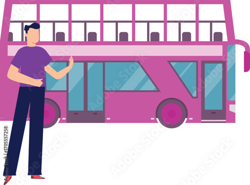 Boy standing near decker bus