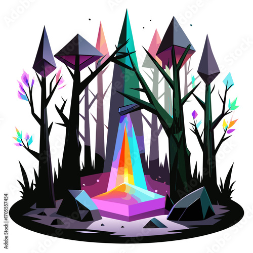 "A glowing forest where trees are made of crystal glass, reflecting rainbow light, surreal fantasy, 8K ultra-realistic"