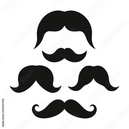 Three black silhouette mustaches and two black silhouette hairstyles on a white background moustache