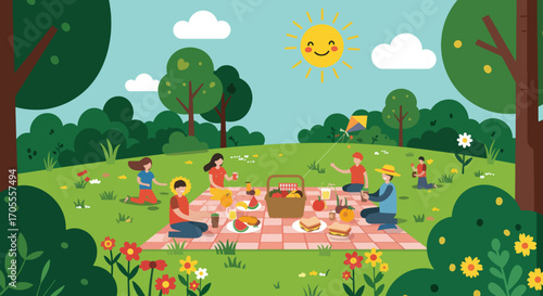 Cheerful Picnic Scene with People, Food, Kite, and Smiling Sun.