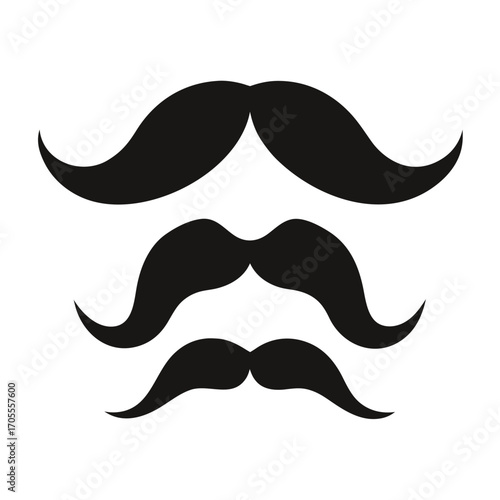 Three black silhouette mustaches of varying sizes arranged vertically on a white background moustache