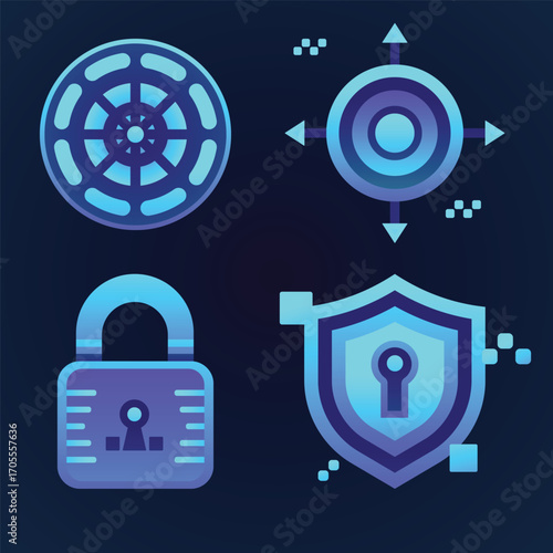 Creative flat illustration of cyber defense element featuring vibrant blue shields, locks, and futuristic tech design