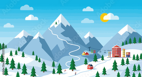 Colorful Vector Illustration of a Snowy Mountain Ski Resort Landscape