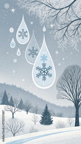 Winter Snowflakes Transforming into Raindrops Art