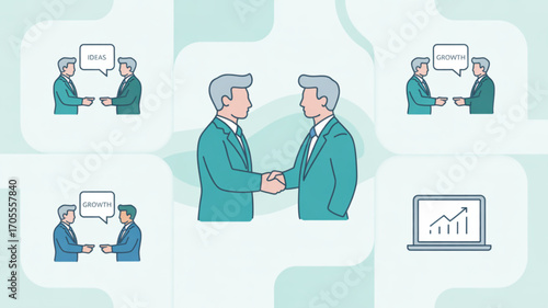 Businessmen shaking hands after a successful deal, symbolizing growth and collaboration in a modern, minimalist style