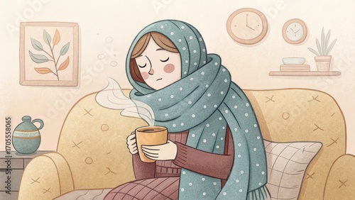 Cozy Illustration of Unwell Person with Hot Tea