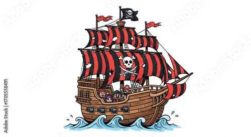 Pirate Ship Sailing on the Ocean with Skull Flags.