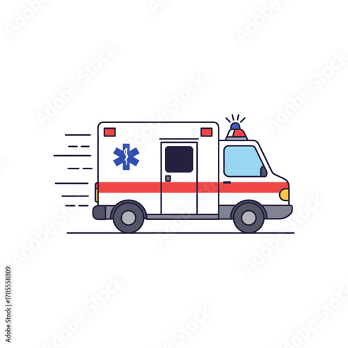 Ambulance speeding to an emergency providing urgent medical transport on city streets symbolizing healthcare response time and safety.