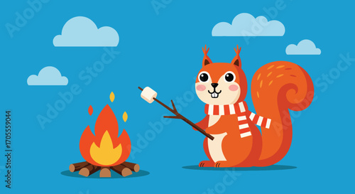Cartoon Squirrel Roasting Marshmallow Over Campfire with Striped Scarf