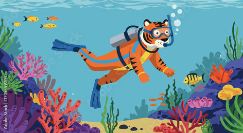 Cartoon Tiger Diver Swimming Underwater with Scuba Gear and Fins