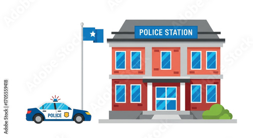 Police Station Building and Patrol Car Illustration.