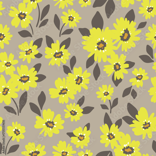 Seamless floral pattern, artistic ditsy tile of yellow flowers in retro motif. Simple cute botanical design of small hand drawn plants, tiny buds, leaves. Liberty print, vector illustration.