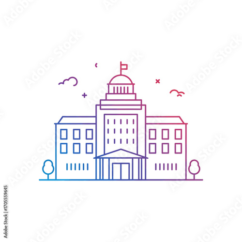 Capitol building illustration showcasing government infrastructure outlined in vibrant gradient colors against a bright background used for civic engagement designs.