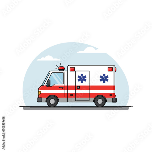cartoon ambulance responding to an emergency call with red stripes  medical star ideal for healthcare posters  childrens health campaigns