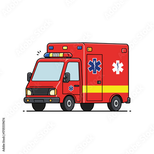 Cartoon ambulance rushing to an emergency speeding on a rescue mission symbolizing urgent care and immediate medical assistance for healthcare needs.