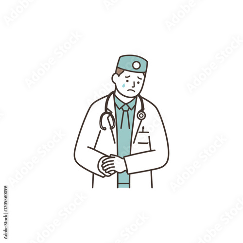 Depressed doctor feeling overwhelmed and sad clutching hands with despair in a hospital setting symbolizing stress and emotional toll in healthcare.
