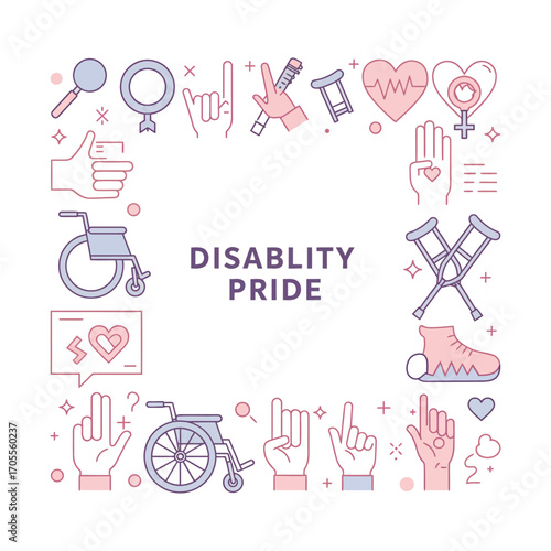 disability pride icons forming a square frame inclusive design celebrating diverse abilities advocating for equal rights and accessibility representing unity and acceptance.