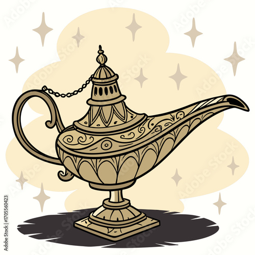 Illustration of a golden magic lamp with intricate designs, set against a soft beige background with twinkling stars, evoking a sense of wonder and enchantment