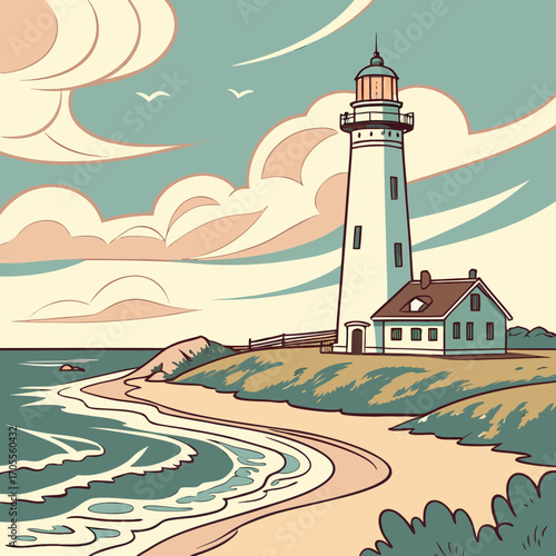 Illustration of a lighthouse on a coastline with a house, creating a scenic nautical scene with a vintage or retro aesthetic