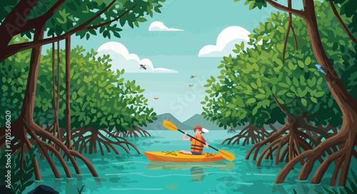 Kayaker Paddling Through Mangrove Forest in Bright Sunlight