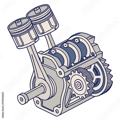 Illustration of a twocylinder engine with pistons and gears, showcasing mechanical engineering principles and automotive technology