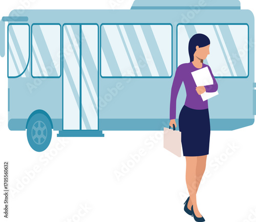 Businesswoman coming out of bus