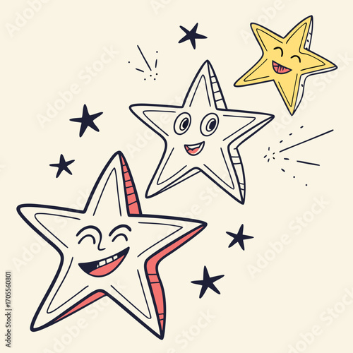 Illustration of cheerful cartoon stars with happy faces floating in the sky, , conveying a sense of joy, wonder, and positive emotion