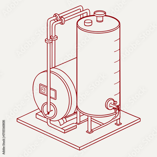 Illustration of a water heater and tank system, showcasing a detailed and technical design, perfect for plumbing or engineering projects