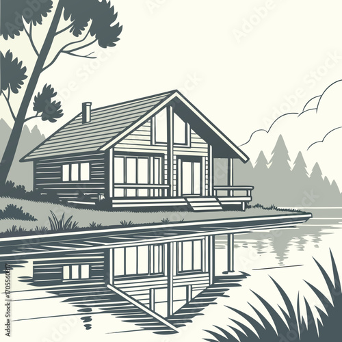 Illustration of a wooden cabin house by a lake with trees and clouds, reflecting in the water, a peaceful nature scene