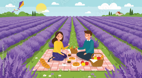 Couple Enjoying Picnic in a Lavender Field on Sunny Day