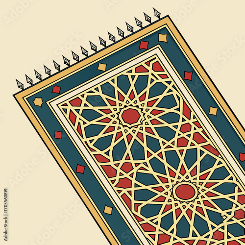 Vector art of a beautifully designed islamic prayer rug featuring intricate geometric patterns and vibrant colors, , perfect for religious devotion and cultural appreciation