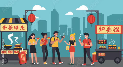 Colorful Illustration of People Enjoying Street Food in Cityscape
