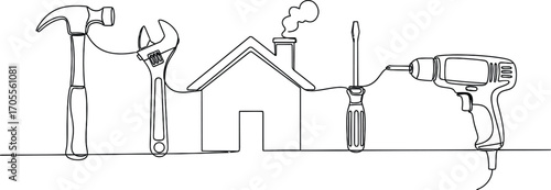Creative tools form a cozy house illustration, symbolizing home improvement and DIY projects