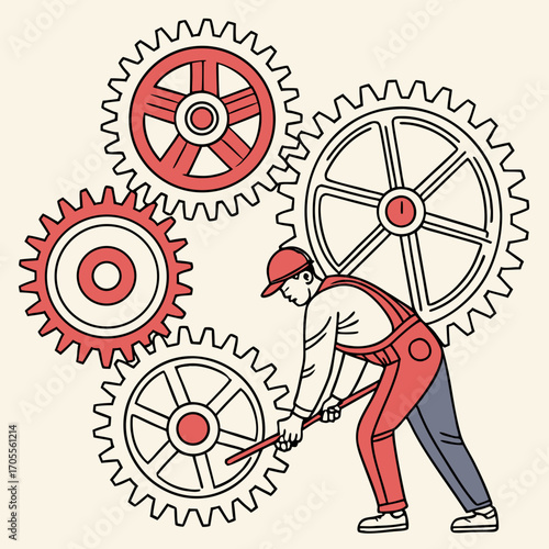 Vector art of a mechanic is fixing the gears with a crowbar, wearing a red hat and overalls, with a beige background, showcasing the concept of teamwork and mechanical repair
