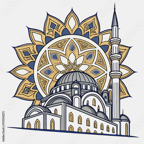 Vector art of a mosque with a mandala behind it, showcasing islamic architecture and design elements in an artistic and visually appealing manner
